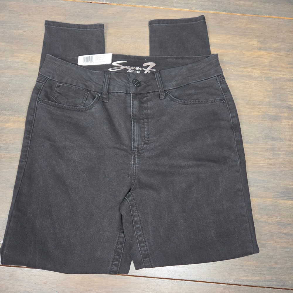 Seven7 Women Size 12 Jeans Tummyless High Rise Skinny Slimming Distressed Black